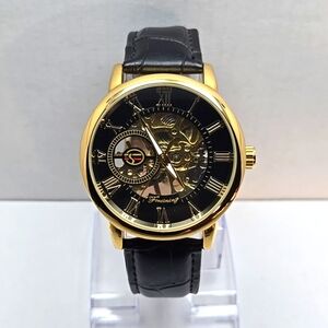 Mens Forsining Automatic Self Winding Watch Gold Tone Skeleton H099M 42mm
